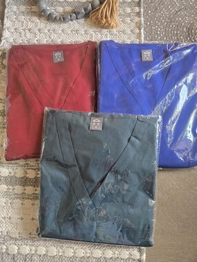 Set of Three V-Neck Scrub Tops & Bottoms - Dart Red, Royal Blue, Forest Green